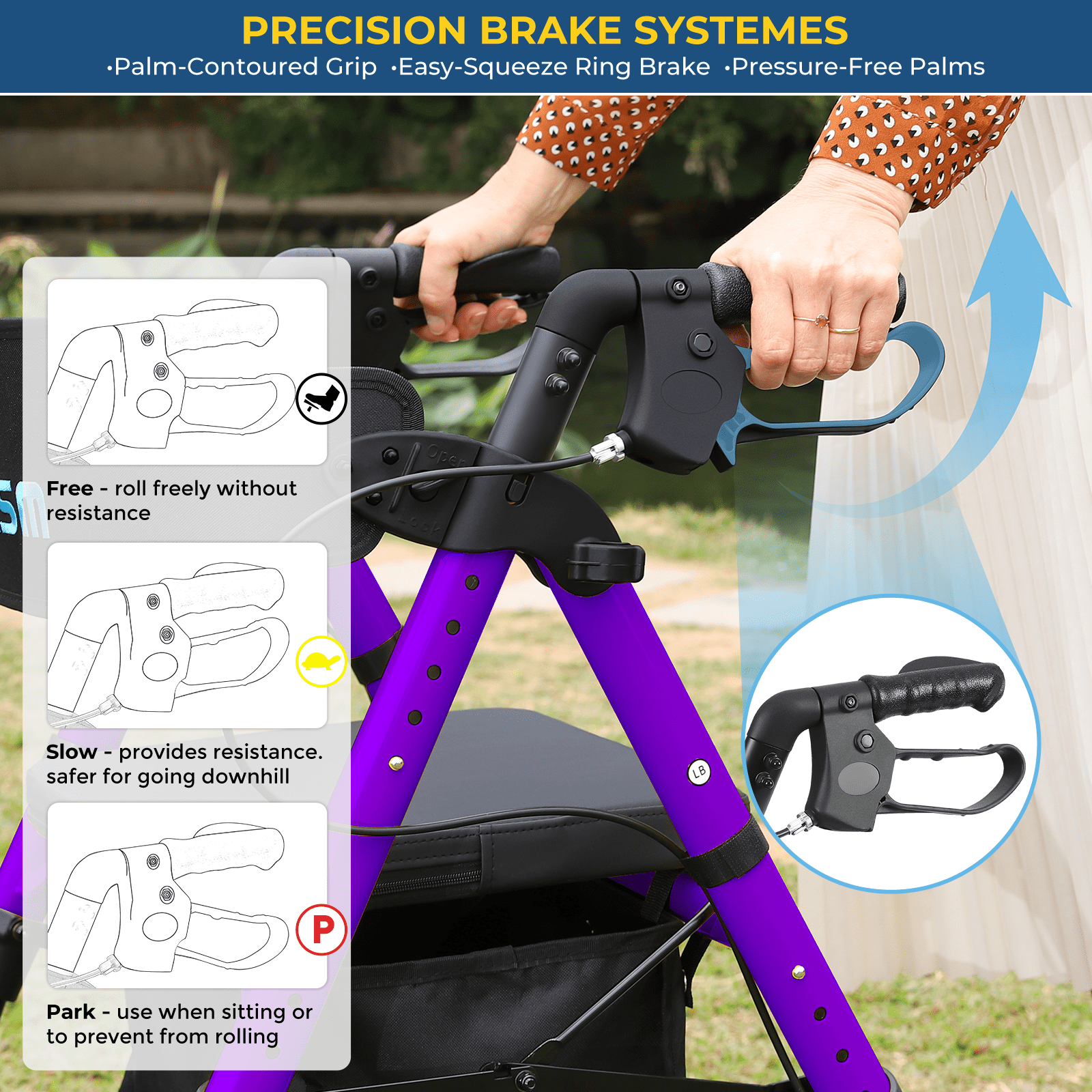 Lightweight Foldable Rollator Walkers for Seniors with Seat - Adult Rolling Walker with Seat and Brakes, 300 Lb Capacity, All Terrain 8" Big Roller Wheels, Adjustable Handles and Seat Height, Purple