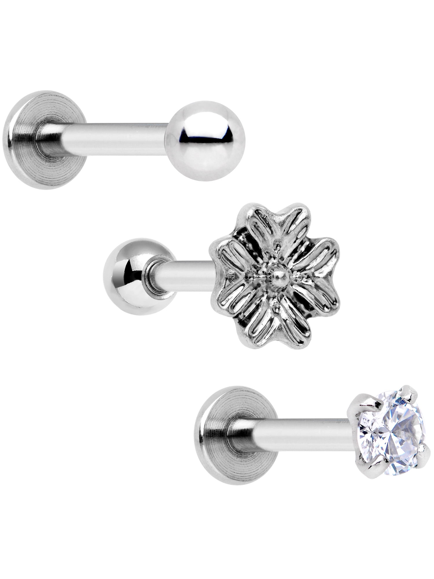 Body Candy 16G Steel 3PC Tragus Earring Women Helix Clear Accent Flower