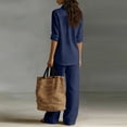 thumbnail image 4 of Textilo Sets 2 Piece Outfits for Women Cotton Linen Button Up Long Sleeve Shirts and Pants with Pockets Wide Leg Elastic Waist Sets Summer Travel Vacation Breathable Loose Walking Wear,Dark Blue L, 4 of 4
