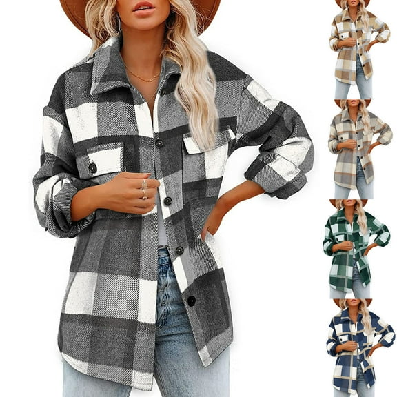 Jinhomg Womens Fall Shacket Jacket Lightweight Casual Plaid Printed Button Down Shirt Jackets Comfy Long Sleeve Lapel Collar Coats with Pockets Summer Saving Brown XXL