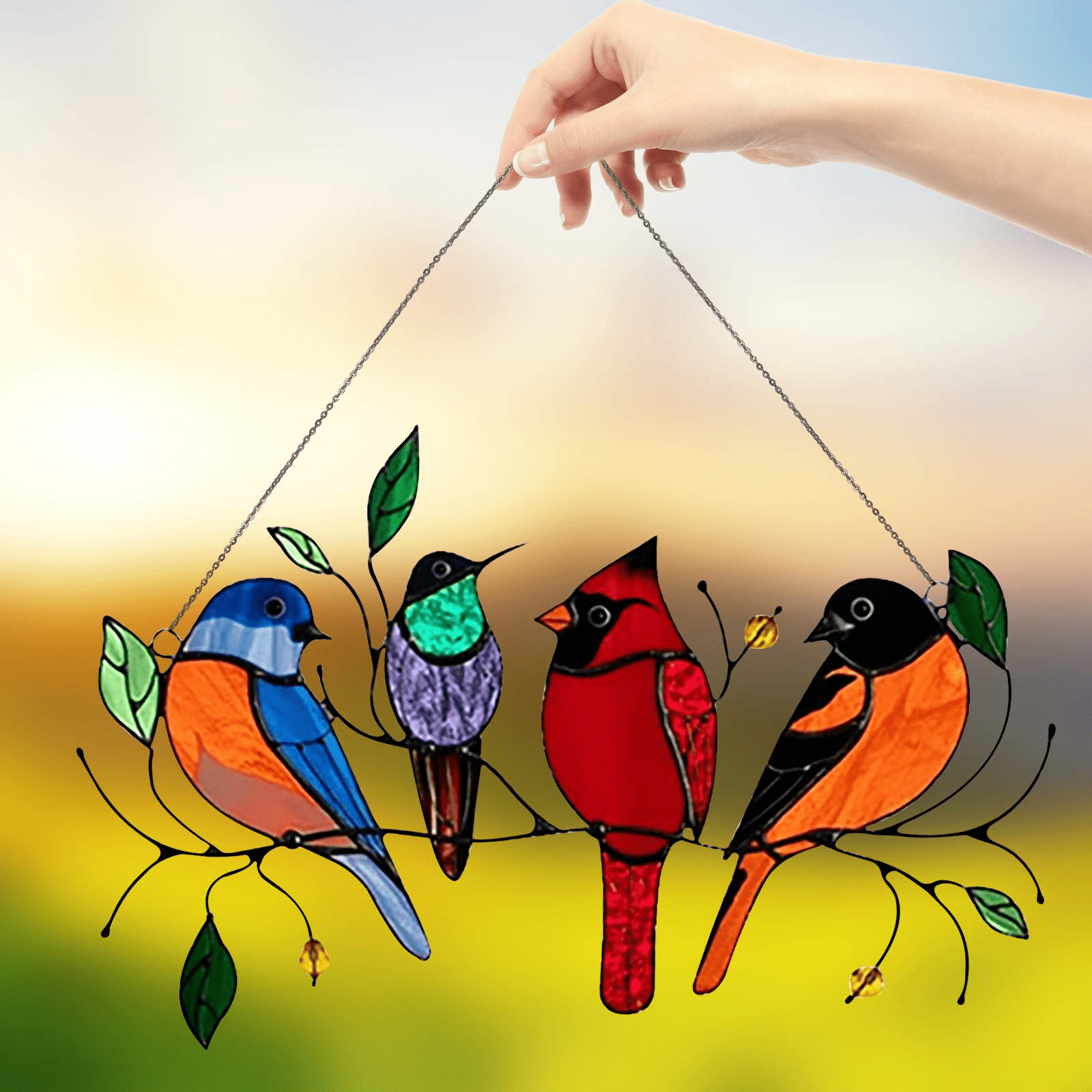 4 Birds Multicolor Birds on a Wire High Stained Ornament Glass Suncatcher Window Panel,Bird Series Hanging Ornaments Pendant Home Decoration,Home Decor Gifts for Bird Lover 