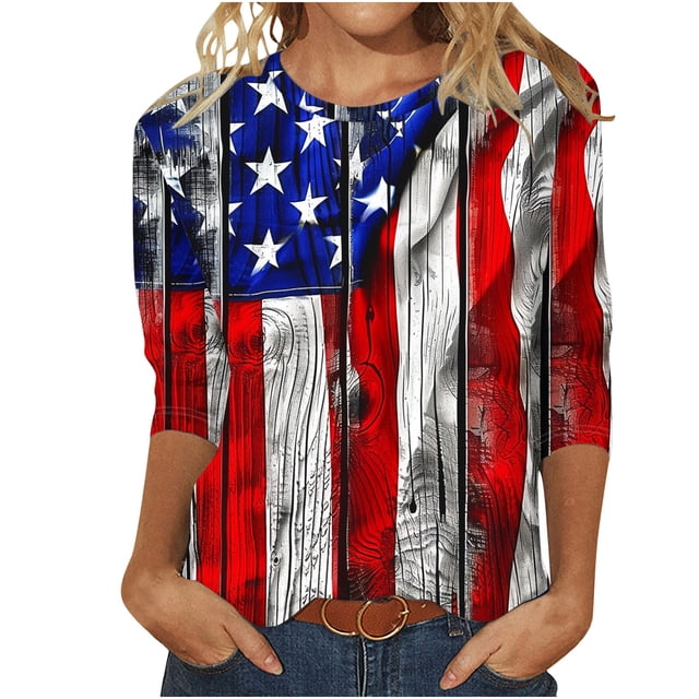 Moxiu Chemise Rouge Blanche Bleue pour Femmes T-Shirts du 4 Juillet Manches 3/4 Col Ras du Cou T-Shirt Imprimé Drapeau Américain USA T-Shirt Patriotique 2025 Bleu, TG