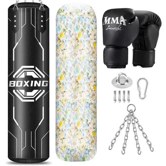 Heavy Punching Bag for Adults, 4FT PU Hanging Boxing Bag Set with 11LB Sponge Filler & 12OZ Boxing Gloves & Chain Ceiling Hook for MMA Training Karate Kickboxing