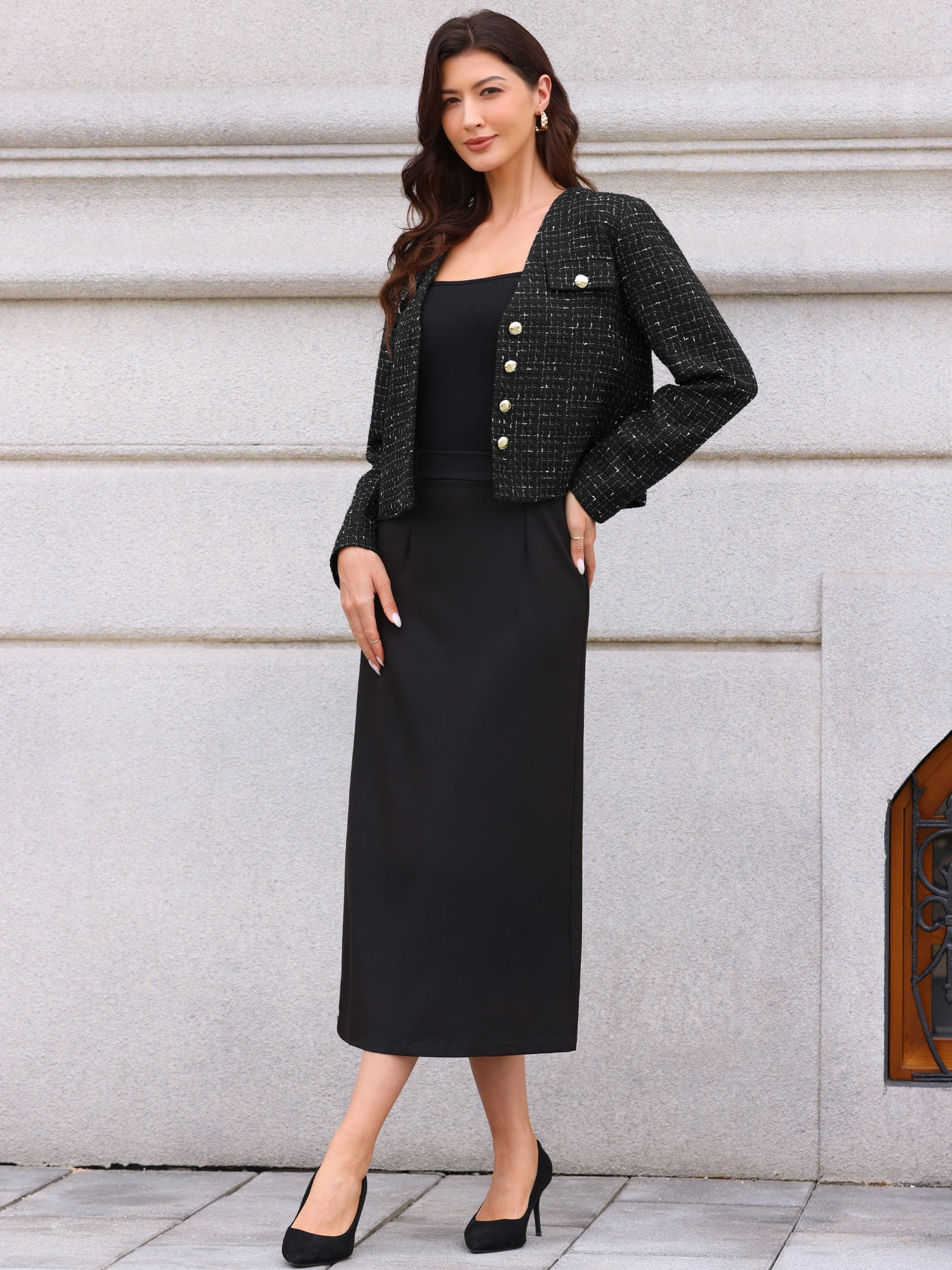DARING DIVA Women's Tweed Long Sleeve Button Down Cropped Blazer S Black