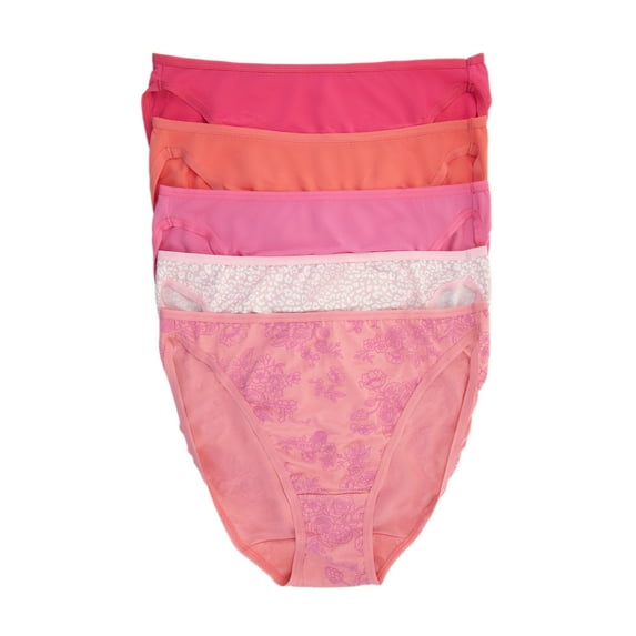 Felina | So Smooth Modal Hi Cut Panty | Hi Leg Opening Panties for Women | 5-Pack (Medium, Pink Tulips)