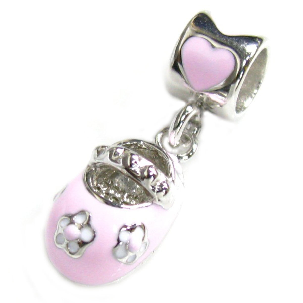 Rhodium-plated Sterling Silver Pink Little Baby Girl 3-D Shoe Dangle Bead Charm Fits Pandora