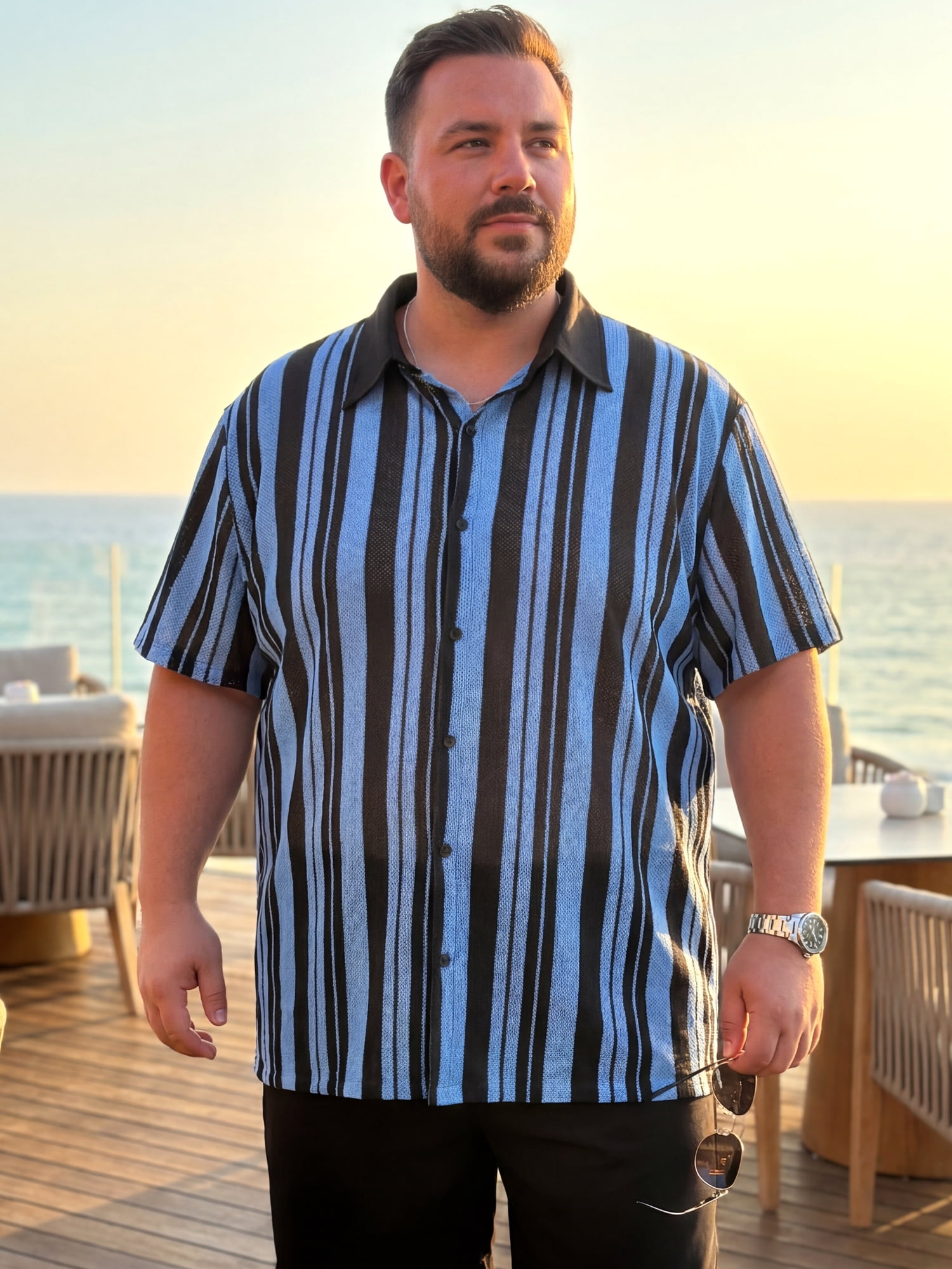 DARING DIVA Men's Big Tall Colorblock Striped Short Sleeve Button-Down Shirt 3XL Blue