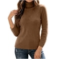 thumbnail image 5 of Women's Turtleneck Long Sleeve Knit Sweater, Soft Stretchy Knitted Tops for Casual Daily Layering, Fall Winter Basic Fitted Knitwear for Ladies Brown 3XL, 5 of 7