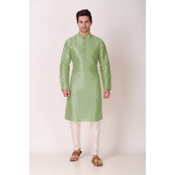 Men's Light Green Color Indian Traditional Wear Tunic Cotton Kurta Pajama Set