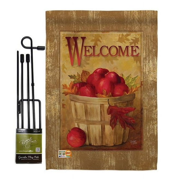 Breeze Decor BD-FT-GS-117042-IP-BO-D-US17-AM 13 x 18.5 in. Welcome Apple Basket Food Fruits Impressions Decorative Vertical Double Sided Garden Flag Set with Banner Pole