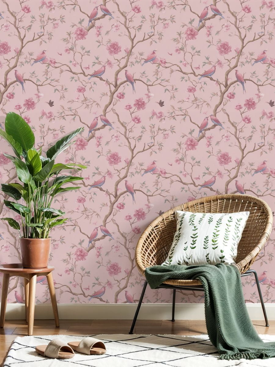 Peel and Stick Wallpaper Delicate Pink Floral Bird Branches Soft Pastel Colors Wall Mural 17.7in x 9.8ft Self Adhesive Removable Wall Paper Renter Friendly Wallpaper for Nursery Bedroom Cabinets
