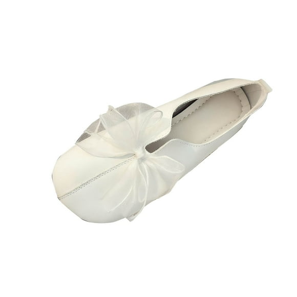 White Flat Shoes For Women Round Toe Bow Detail Mary Jane Soft Sole Comfortable Outdoor Wear For Casual Occasions And Everyday Use Size 43