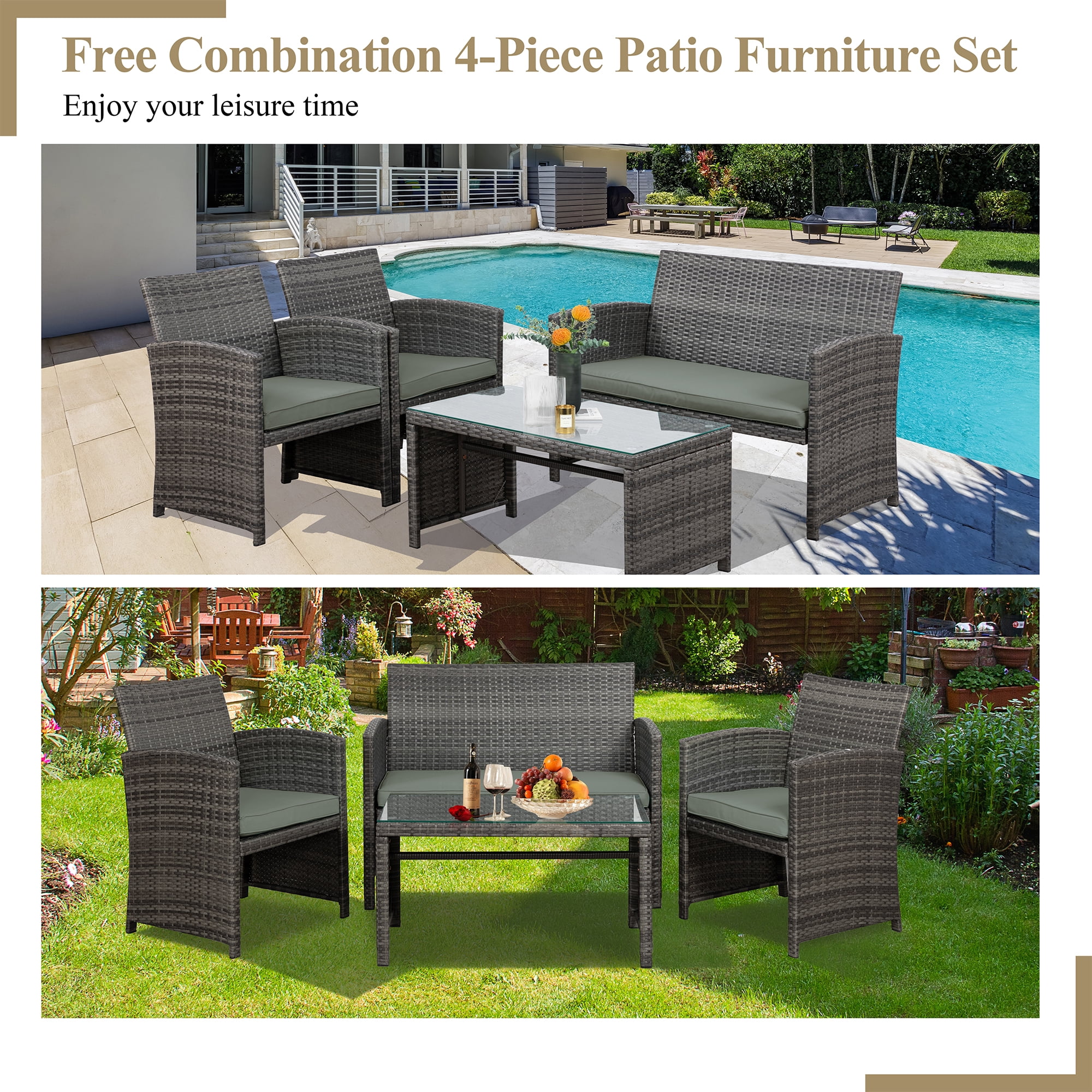 Walsunny Outdoor Patio Rattan Wicker Furniture Conversation Set 4 Piece with Cushions Tempered Glass Tabletop,Gray