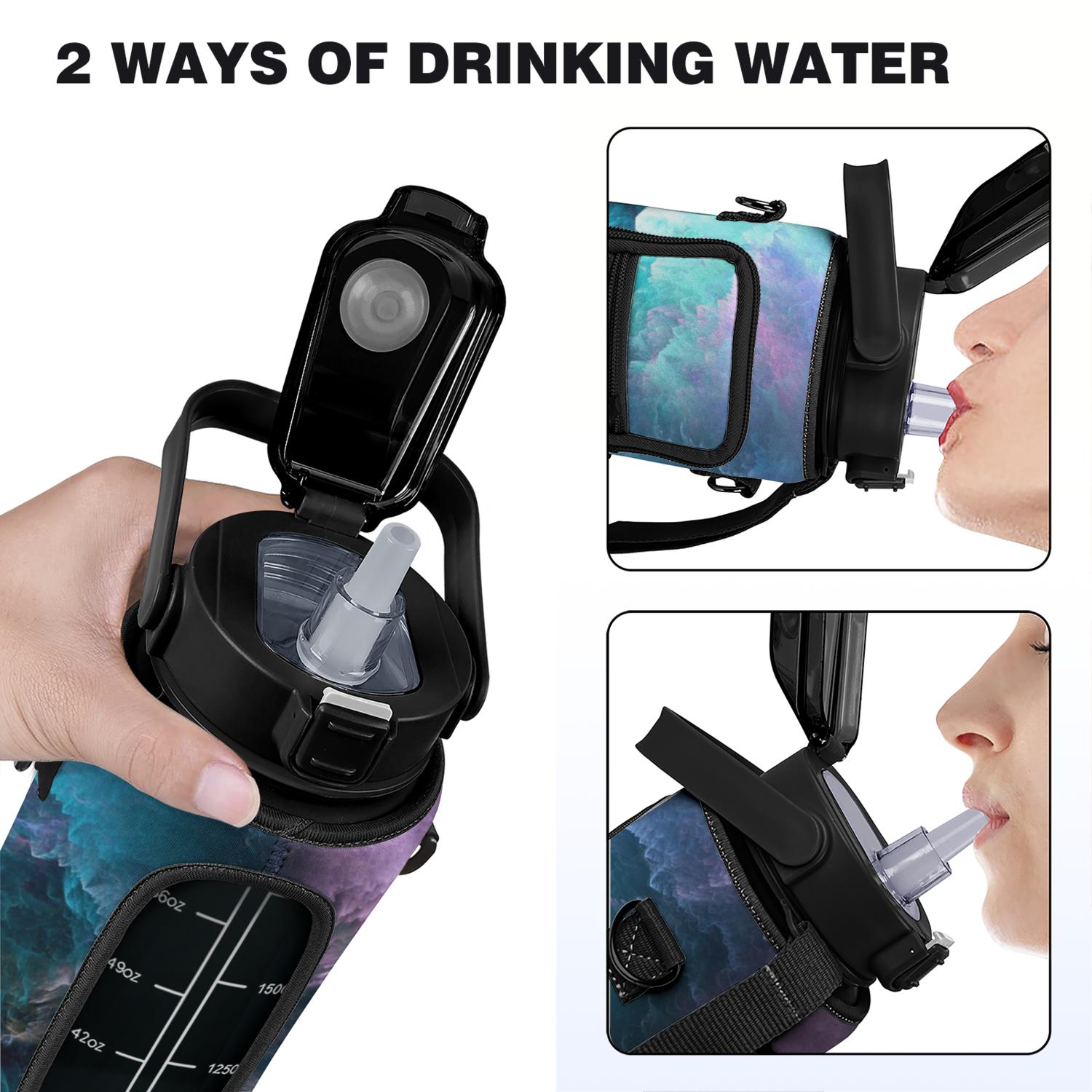 Geometric Starry Sky Purple 64 Oz Water Bottle with Sleeve - BPA Free Leakproof Sport Large Plastic Water Bottle with Straw Strap & Insulated Neoprene Holder Carrier Bag Great Gift for Women Men