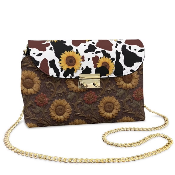Pzuqiu Sunflower Cow Print Women's Leather Crossbody Bag with Chain Strap Versatile Quilted Leather Crossbody Bags for Women Fashionable Design Minimalist Gifts for Women
