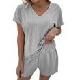 thumbnail image 1 of Conjunto de salón para mujer Conjunto de manga corta de 2 piezas Cuello en V Cintura elástica Trajes casuales de punto para el hogar Gris M, 1 of 3