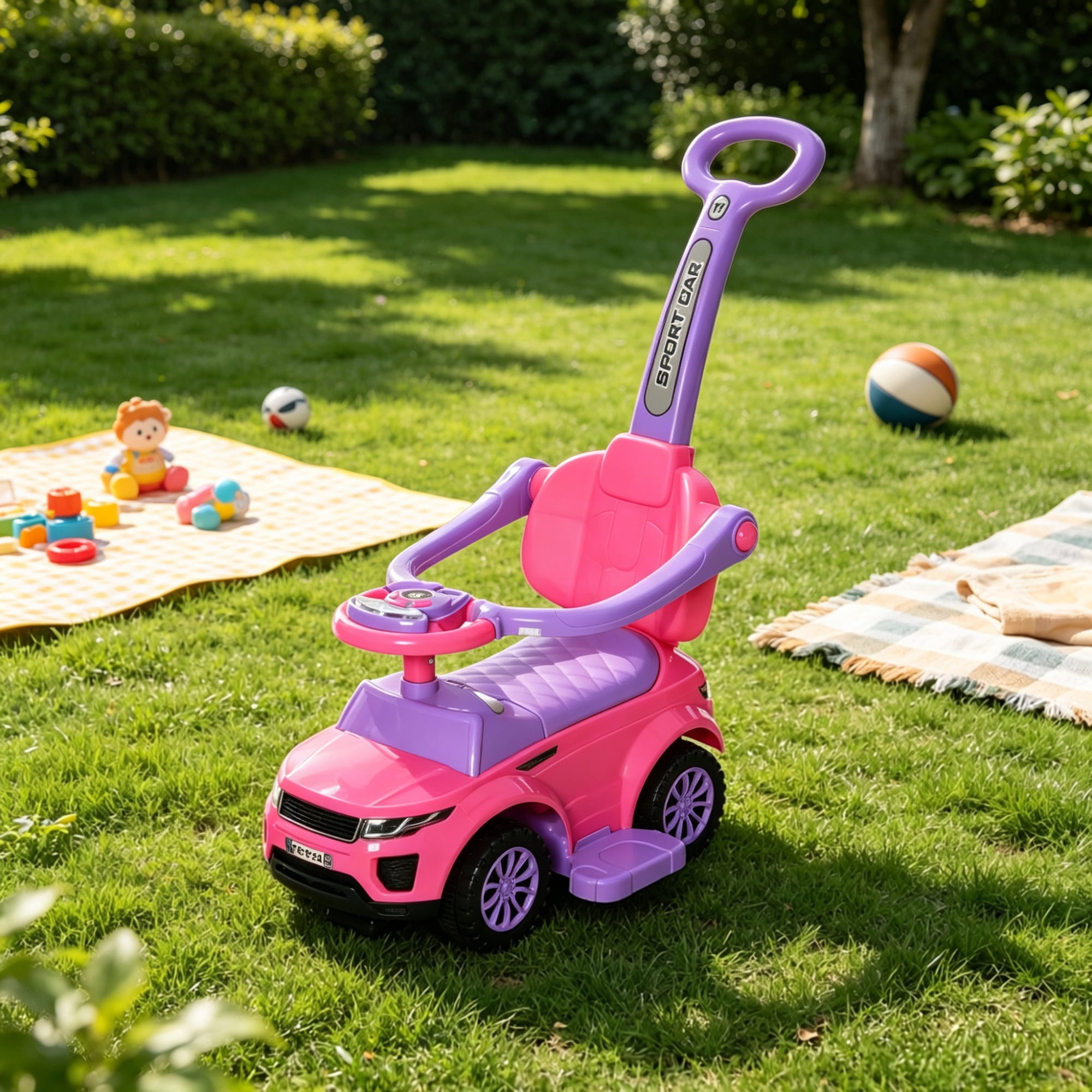 3-in-1 Kids Ride-On Push Car, Stroller Sliding Car with Horn, Music, Lights & Secure Bar, Toddler Toy for 18-36 Months Old, Pink