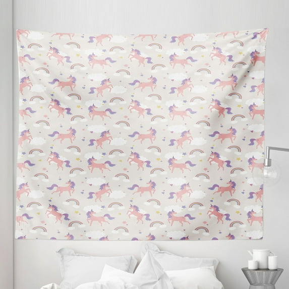 Rainbow Tapestry, Dreamy Unicorn Pattern Repetitive Clouds Stars, Fabric Wall Hanging Decor for Bedroom Living Room Dorm, 5 Sizes, Pale Salmon Multicolor, by Ambesonne