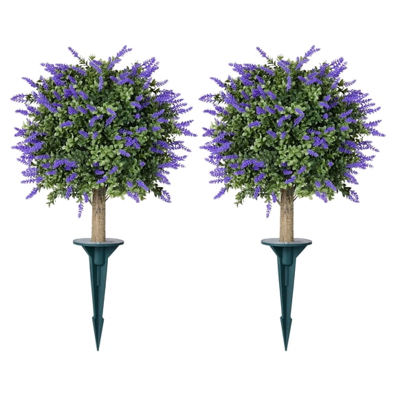 DR.Planzen 2 Pack 16'' Artificial Lavender Boxwood Topiary Ball Plant, Fake Scented Flowering Shrub with Ground Spike, UV Resistant Faux Outdoor Decor for Garden Porch Patio