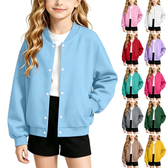 Spazoro Girls Hoodless Sweatshirts with Pockets, Long Sleeve Fleece Lined Solid Color Regular Fit Ribbed Collar Button Snap Jacket Tops for Kids Light Blue Size 8-9