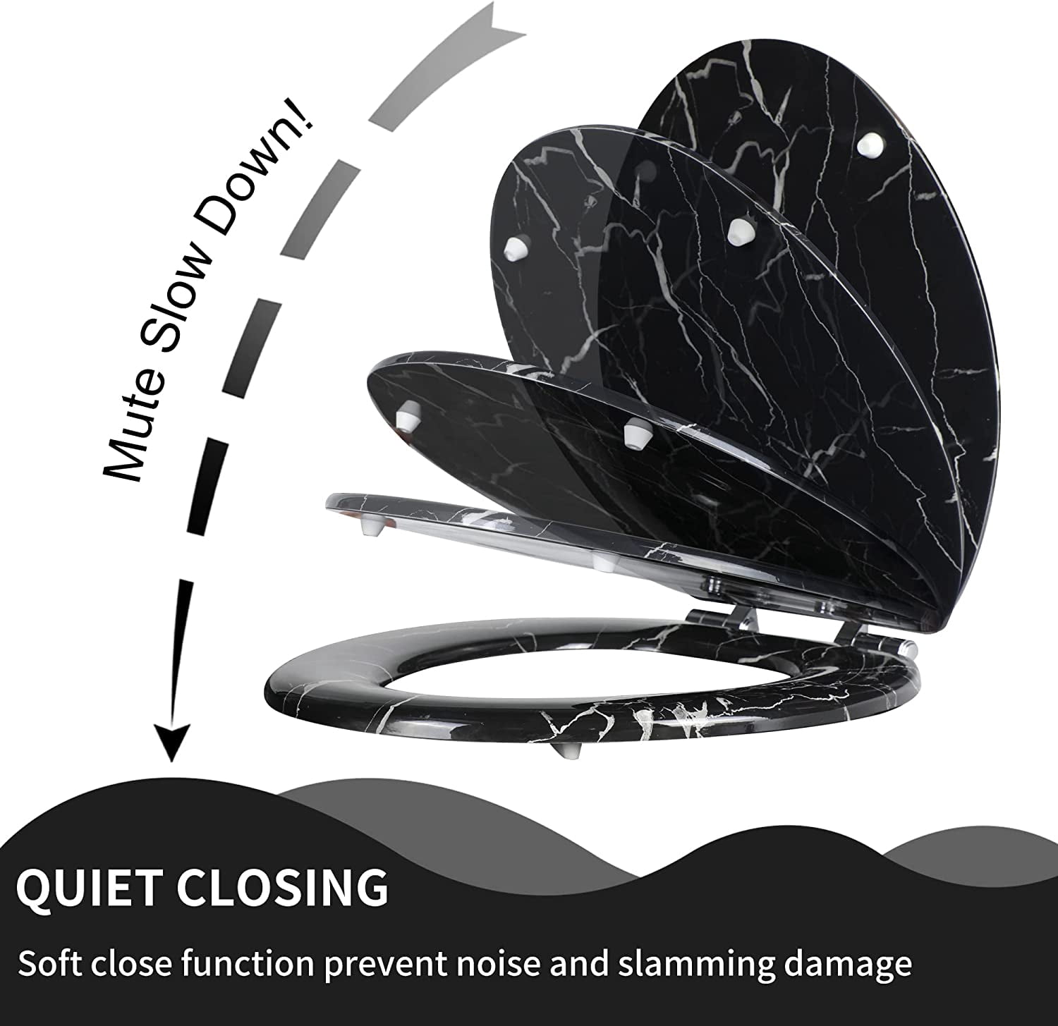 Marble Toilet Seat Durable Molded Wood with Quiet Close,Easy Clean，Quick-Release Hinges (Elongated,Black Marble)