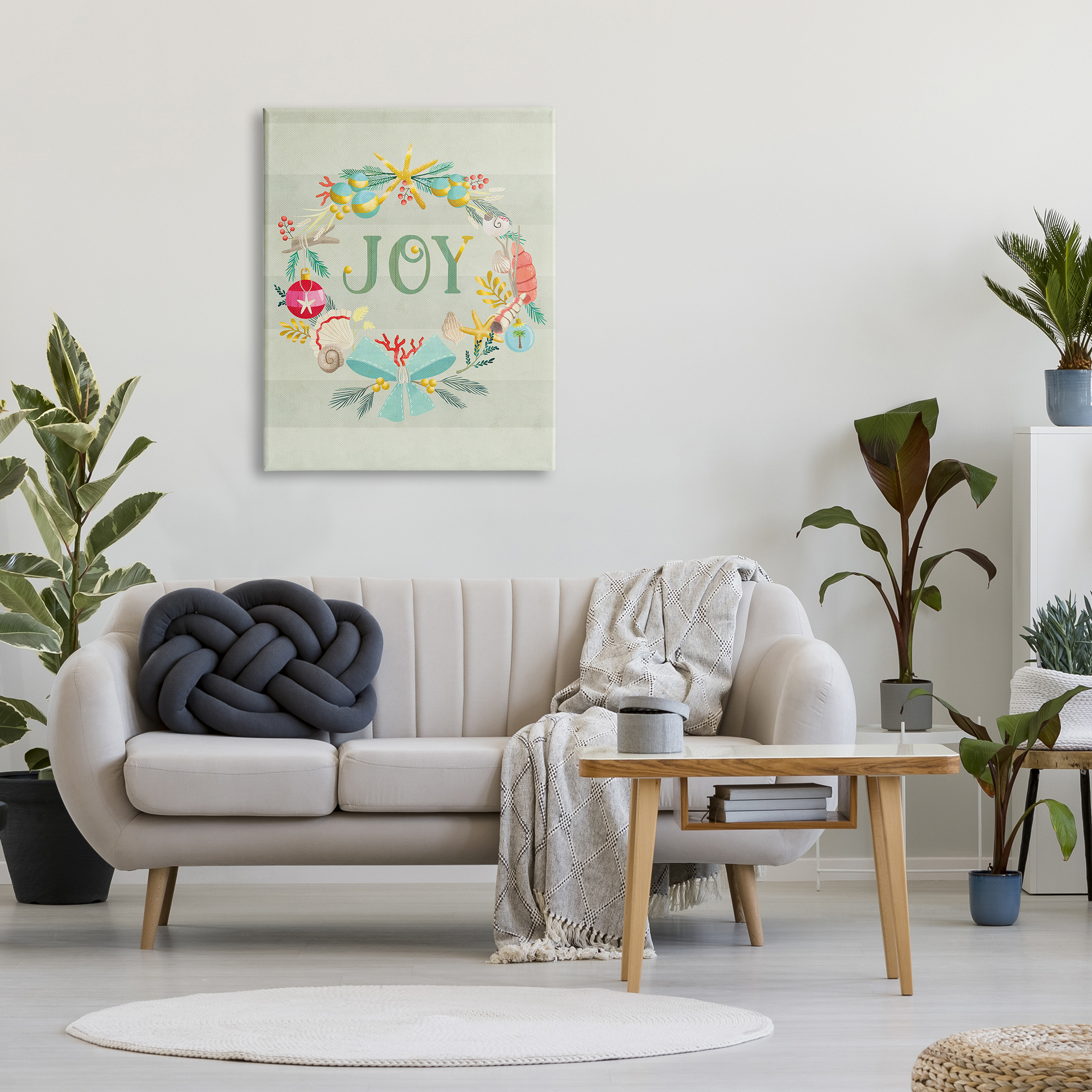 Stupell Industries Nautical Holiday Wreathe Joy Sentiment Green Stripes Nature Painting Gallery Wrapped Canvas Print Wall Art, 30 x 40