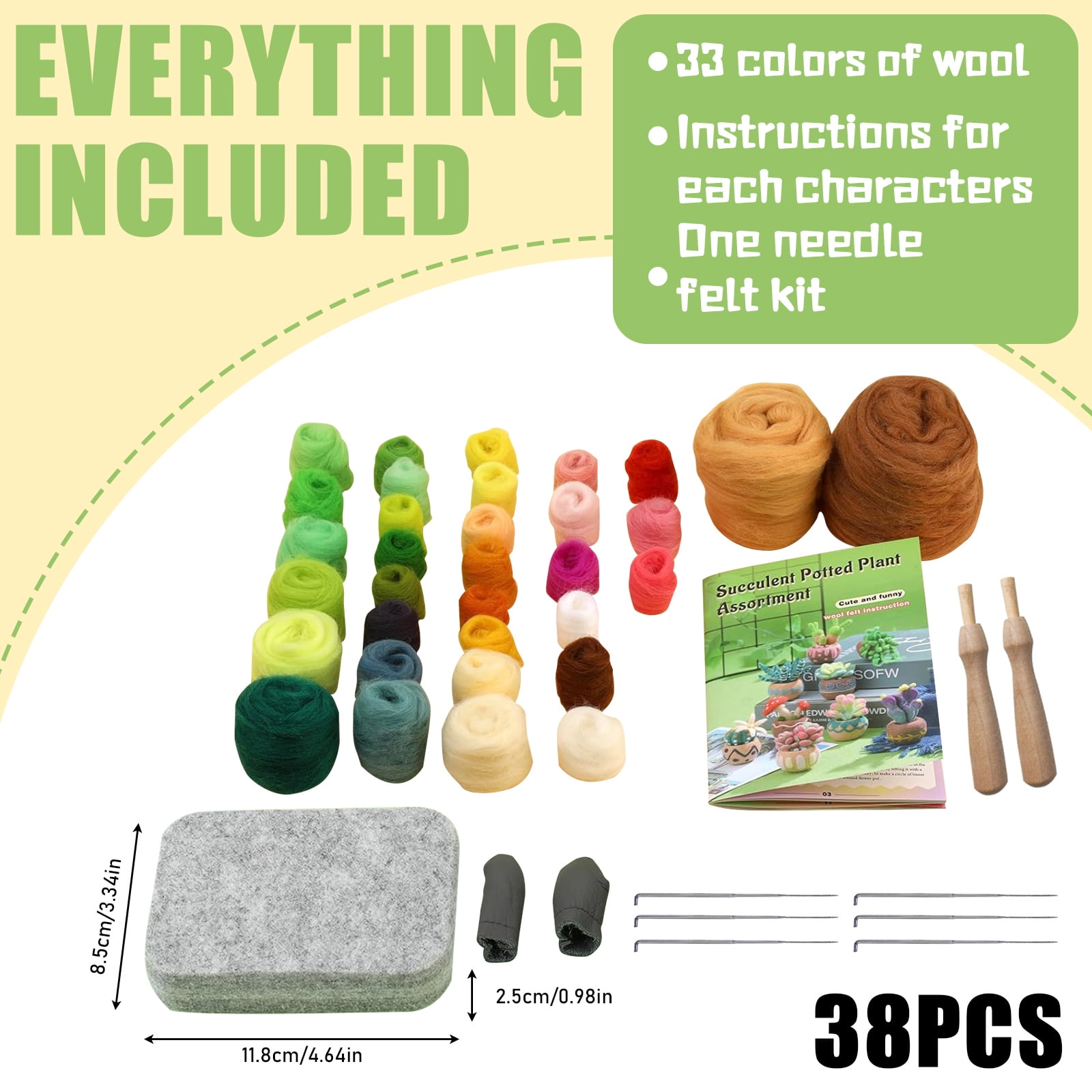 9 Pieces Succulent Plants Needle Felting Kit, Wool Felting Kit with Pad, Finger Cots, Needle, Wooden Felting Tool, Instruction, Needle Felt Start Kit Supplies for Beginners Adult DIY Decor