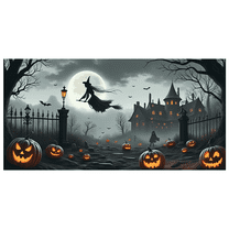 Spooky Gothic Haunted House Banner Halloween Witch Graveyard Pumpkins Bats for Halloween Party Event Decoration