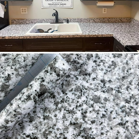 shiyou-Light White Granite Look Marble Gloss Film Vinyl Self Adhesive Kitchen Countertop Peel Stick Wallpaper Decal 17.7''x98'' (Terrazzo)