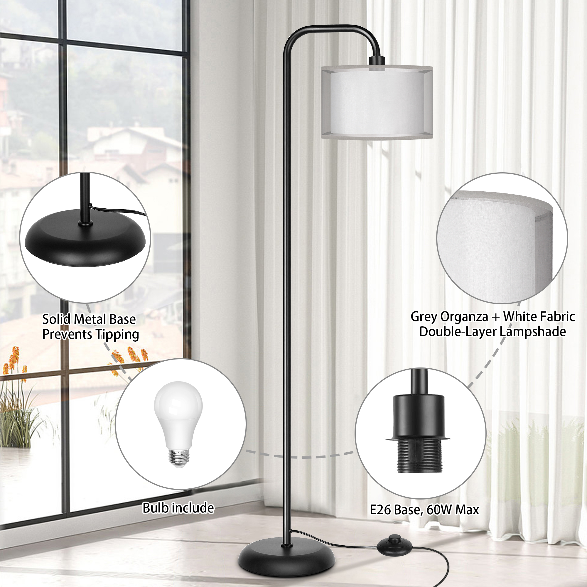 65" Modern Floor Lamp with Foot Switch  for Bedroom Living Room Study Room Office, Bulb Included