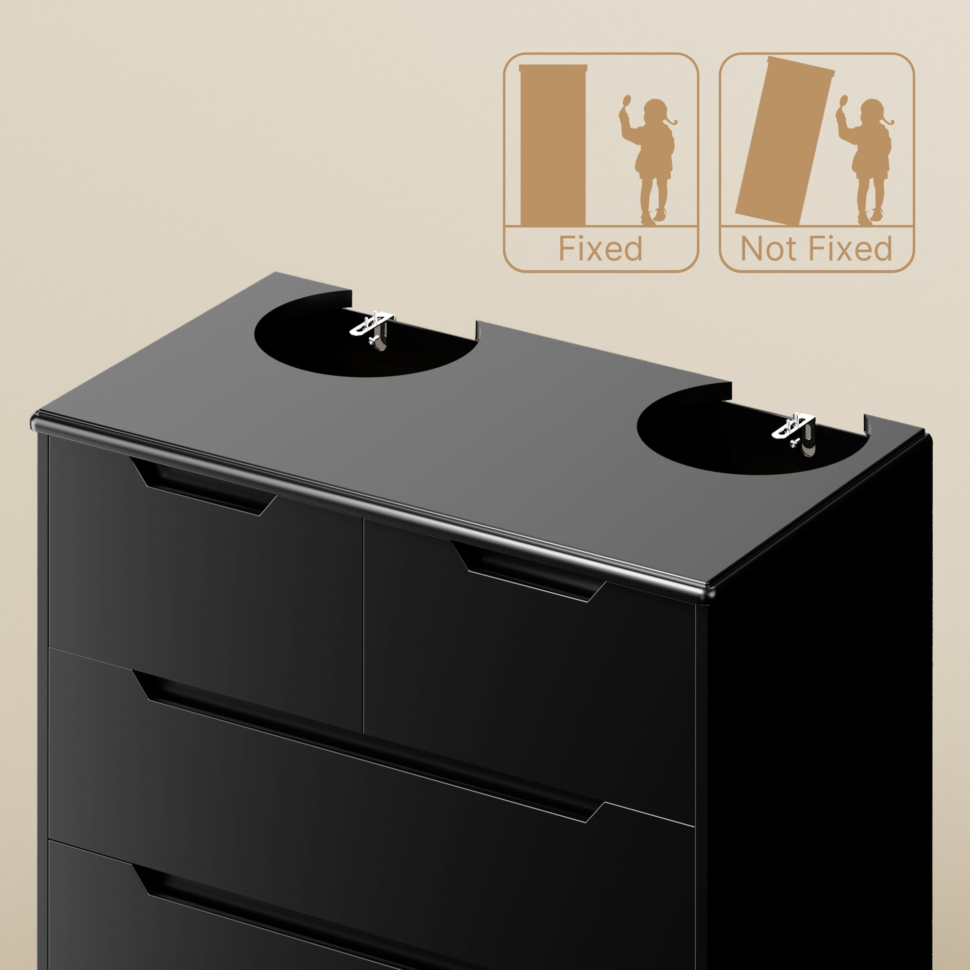 Dressers for Bedroom, Lofka 6 Drawers Dresser with Cutout Handles, Wood Storage Cabinet for Living Room, Black
