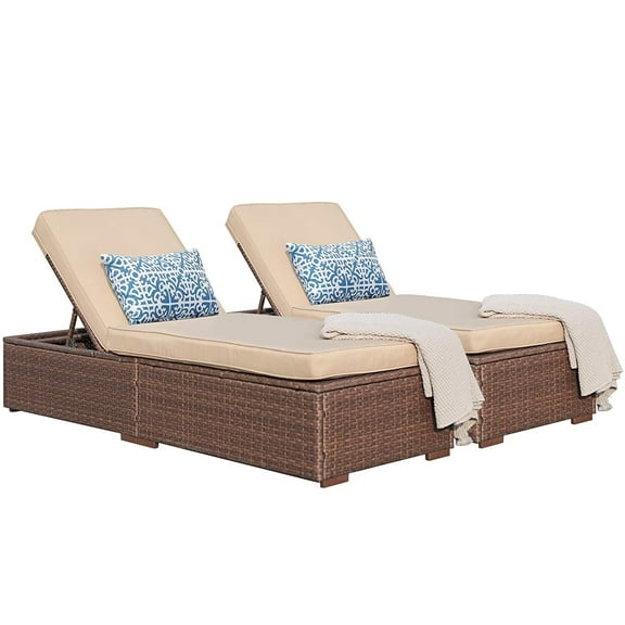 JOIVI Outdoor Chaise Lounge Chairs, Brown Wicker Rattan Adjustable Position Sun Lounger with Removable Beige Cushions- Set of 2
