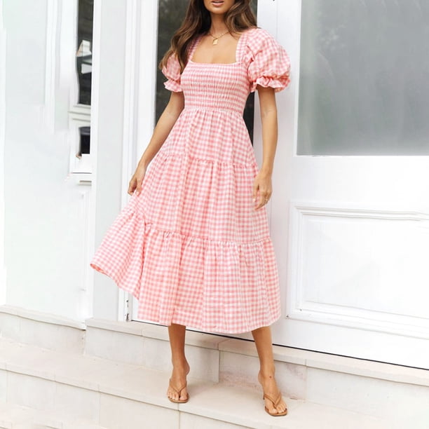 Womens Dresses Bohemian Summer Plaid Puff Sleeve Ruffle Flowy Beach Midi  Dress - Walmart Business Supplies