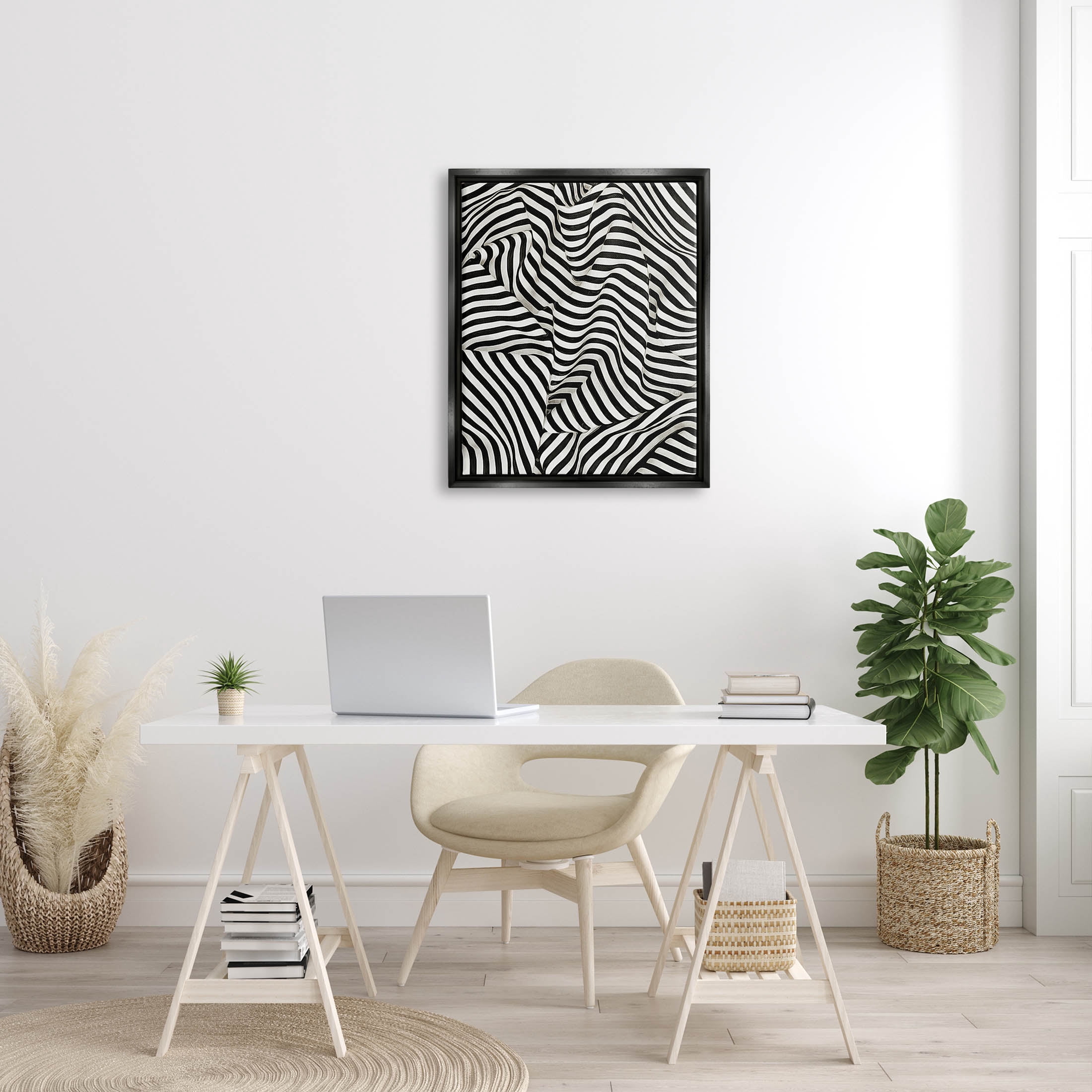 Folded Striped Drapery Pattern Abstract Graphic Art Jet Black Framed Art Print Wall Art