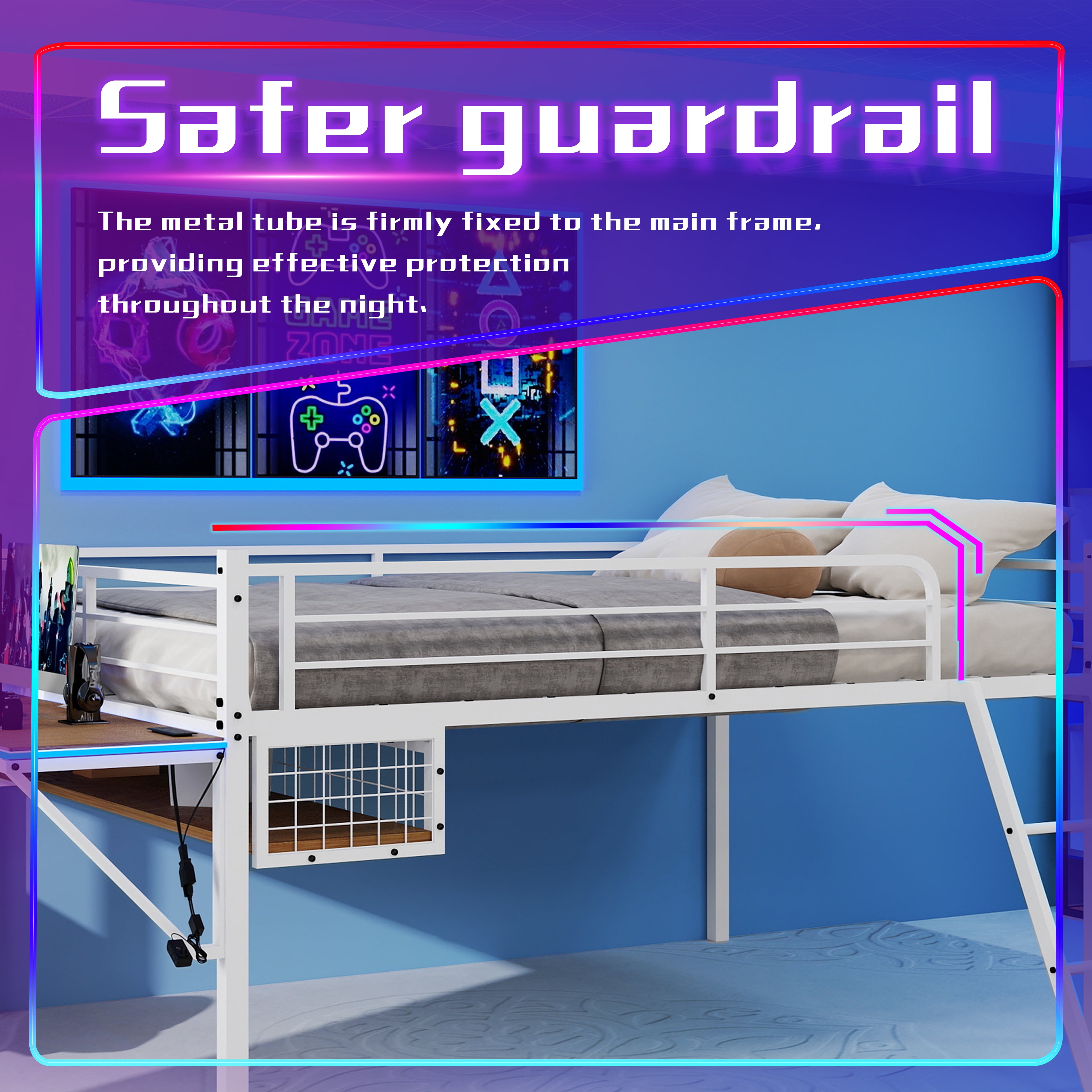 Miniyam Twin Size Loft Bed with Desk, Metal Frame with Guardrails, Ladder, LED Light and Underbed Storage, White