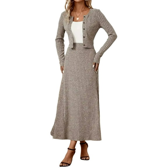 Women'S Knit Cardigan and Stretchy Waist Skirt Two Piece Set, Ribbed Knitting Casual Outfit Khaki XL