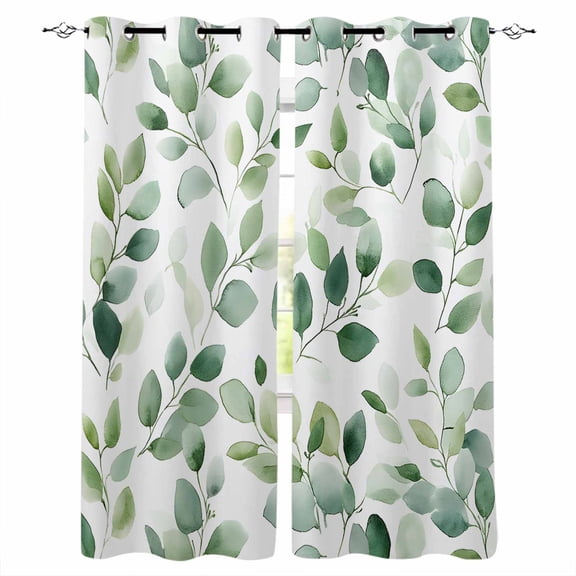 Elegant Eucalyptus Blackout Curtains for Bedroom/Living Room, Thermal Insulated Kitchen Curtains, Monochrome Leaves Chic Botanical Grommet Darkening Window Treatment Drapes 52"x63"x2