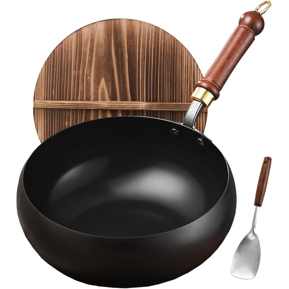Carbon Steel Wok, 11-inch Flat Bottom Wok with Wooden Lid, Pre-seasoned, Non-stick, Handmade Chinese Wok, Suitable for All Stovetops