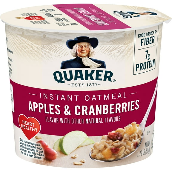 (1 PACK), Quaker Instant Oatmeal, Apples & Cranberries, Quick Cook Ready-to-Microwave Oatmeal, 1.79 oz Cup