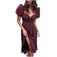 thumbnail image 2 of FcBaudy Robe à Manches Courtes Col Rond Hauteur Genou, Robes d'Été pour Femmes, Robes Décontractées d'Été pour Femmes Manches Courtes Col en V Robes Florales Robe Slim pour Femmes, 2 of 7