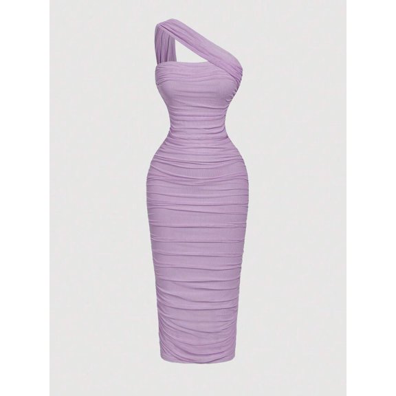 Lilac Purple Ruched One Shoulder Bodycon Midi Dress, Elegant Evening Dress For Women