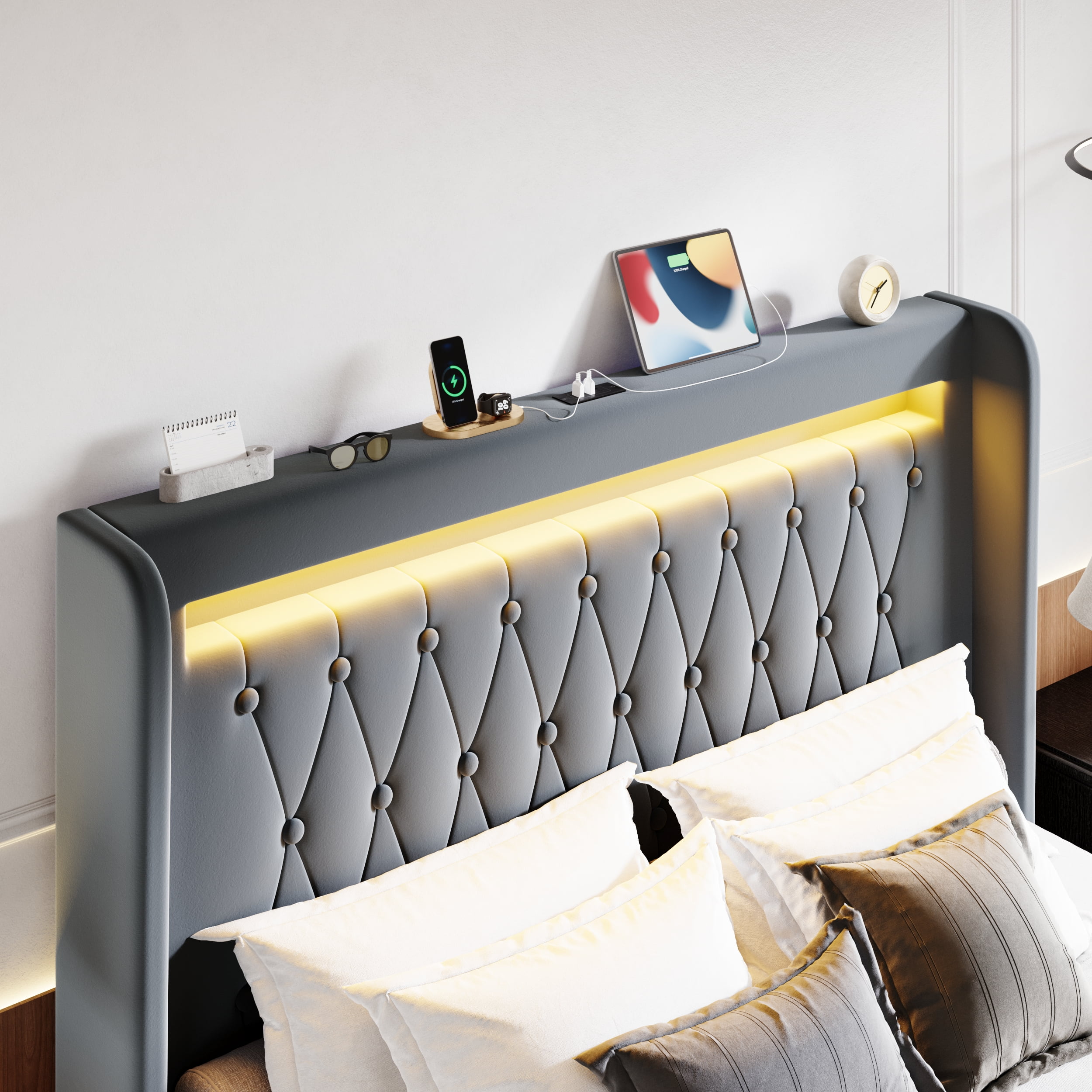 Amolife Queen Size LED Bed Frame, Upholstered Velvet Platfrom Bed with Charging Station, High Wingback Headboard & 2 Lights, No Box Spring Needed, 900 LBS Capacity, Gray