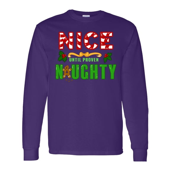 Inktastic Nice Until Proven Naughty with Holly and Gingerbread Man Long Sleeve T-Shirt