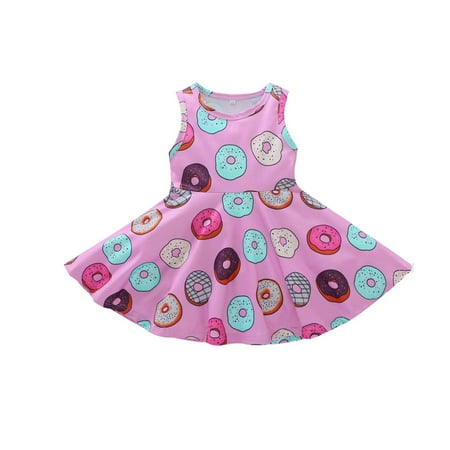 

YOUNGER TREE Toddler Girls Donut Dress Doughnut Print One-Piece Skirt Sleeveless Princess Floral Dress (2T Donut Print Floral Dress)