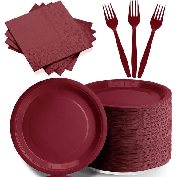Burgndy Paper Plates and Napkins Include 7inch Paper Dessert Plates,Napkins,Plastic Forks, Disposable Party Supplies for Birthday Wedding Party Family Picnic,for 50 Guests