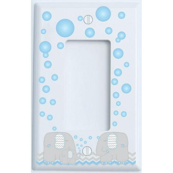 Elephant Light Switch Plate Covers with Blue Bubbles and Elephants with Grey and Blue Chevron