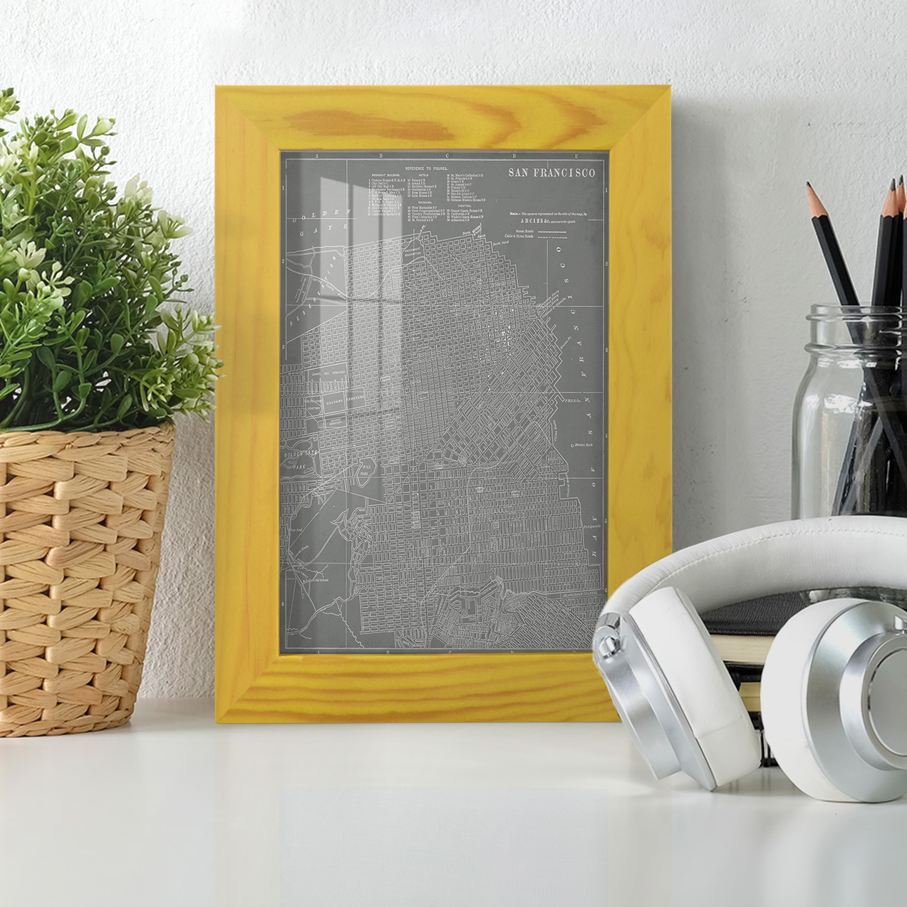City Map of San Francisco -Framed Print w/glass-Sunflower Yellow