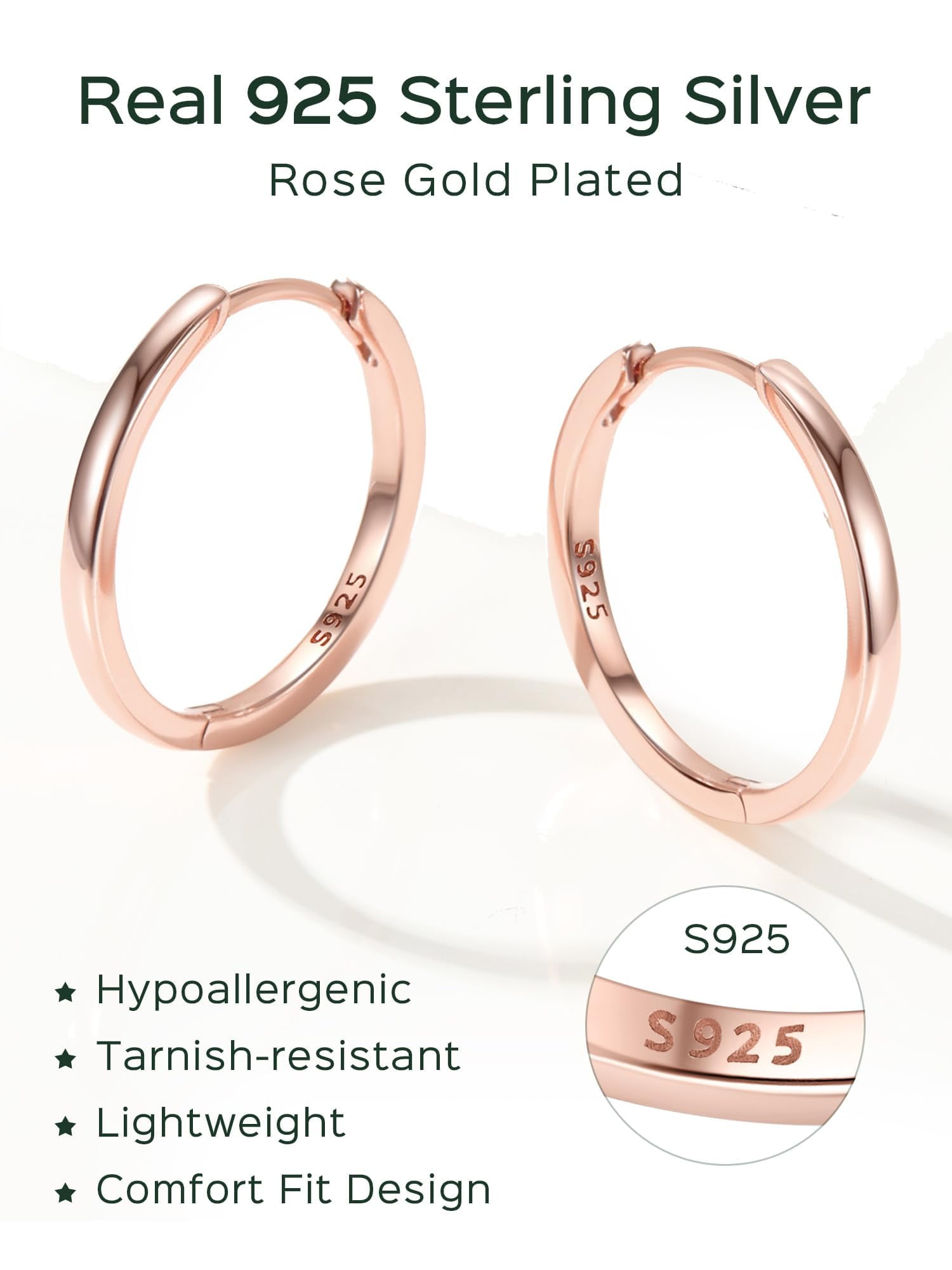 ChicSilver 925 Sterling Silver Hoop Earrings for Women Hypoallergenic Rose Gold Plated Hoop Earrings Lightweight Tiny Huggie Earring 18MM