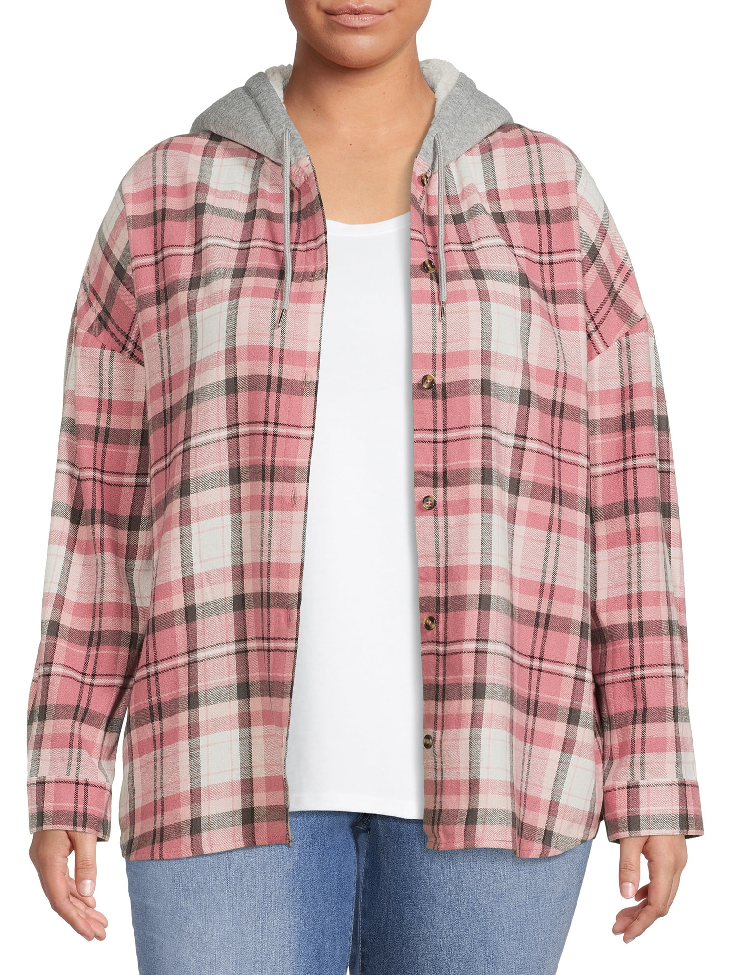 No Boundaries Juniors' Plus Size Flannel Shacket with Faux Sherpa Lined ...