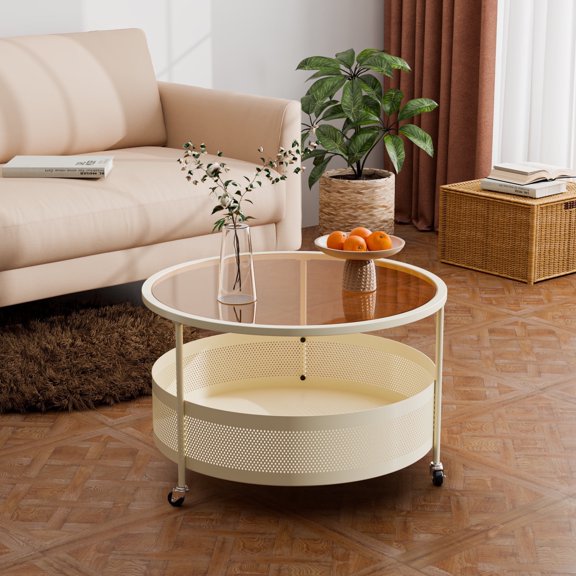Glory Patio Round Coffee Table for Living Room, Bedroom, Modern Table with Clear Tempered Glass